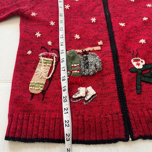 Coldwater Creek 3D Christmas Knit Cardigan Sweater Sz M Embroideted Cottage Red. - Picture 5 of 10